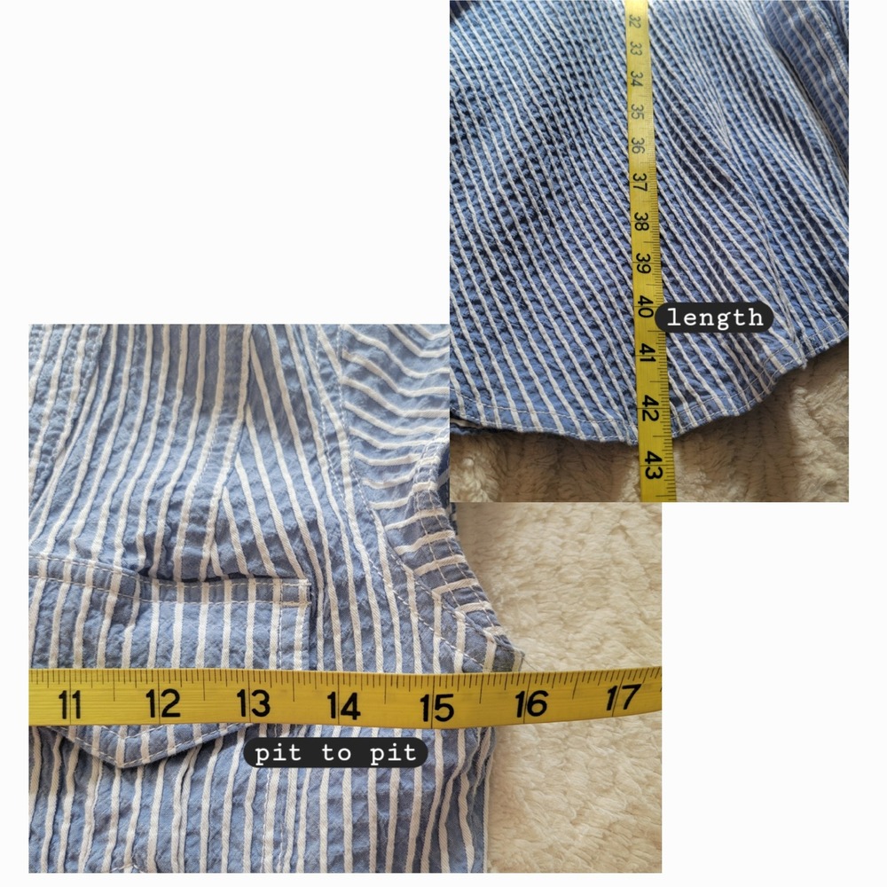 WHBM Vertical Stripe Blue White Seersucker Drop Waist Midi Dress Size 0 Pocket - Picture 8 of 8